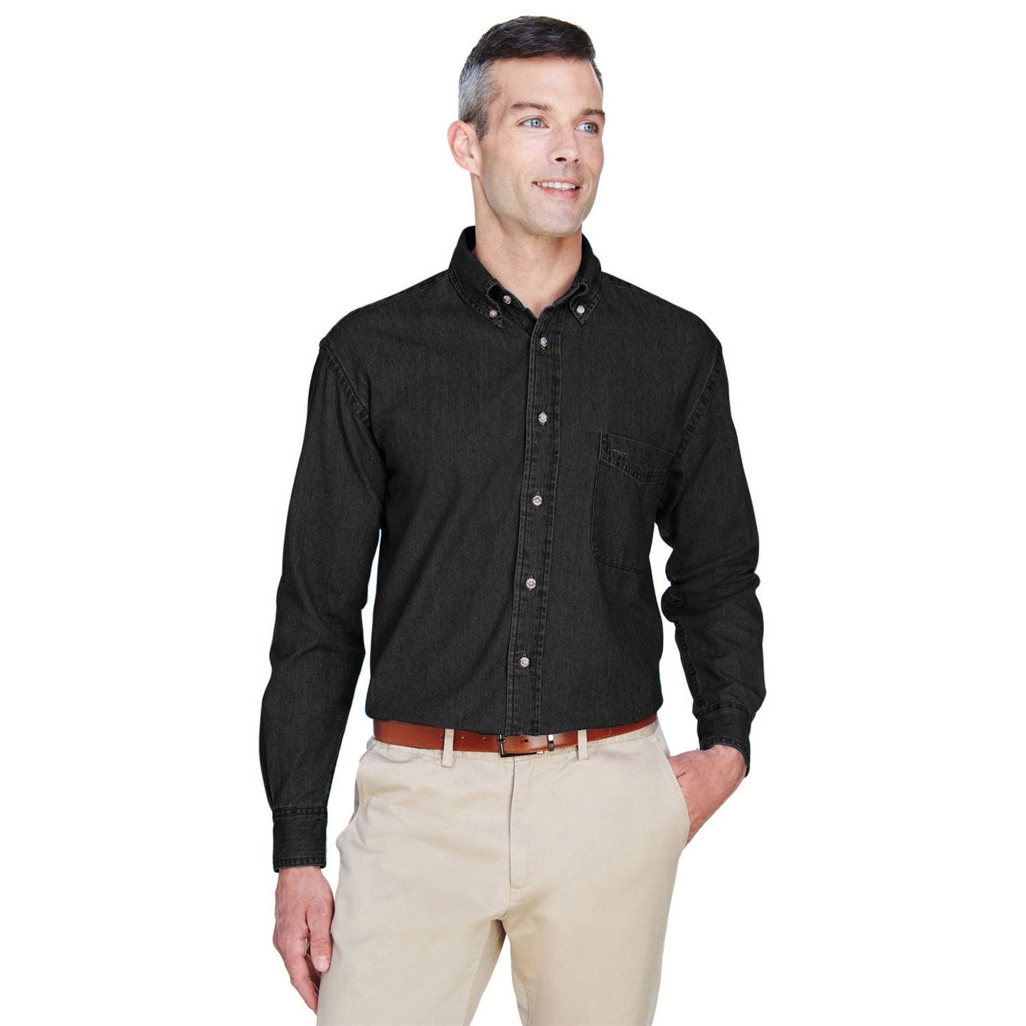 Washed Black Button Up Shirts - Harriton - Cotton Denim