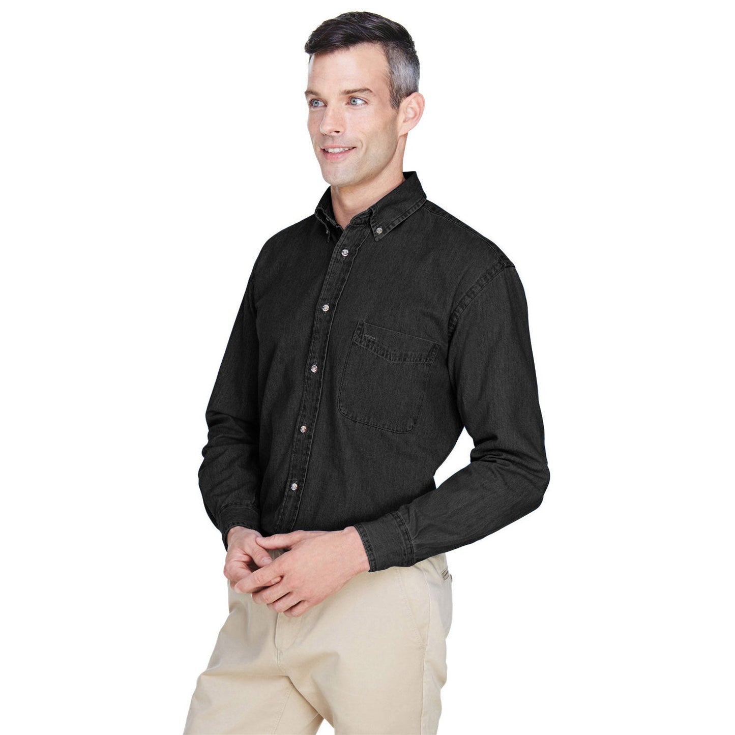 Washed Black Button Up Shirts - Harriton - Cotton Denim