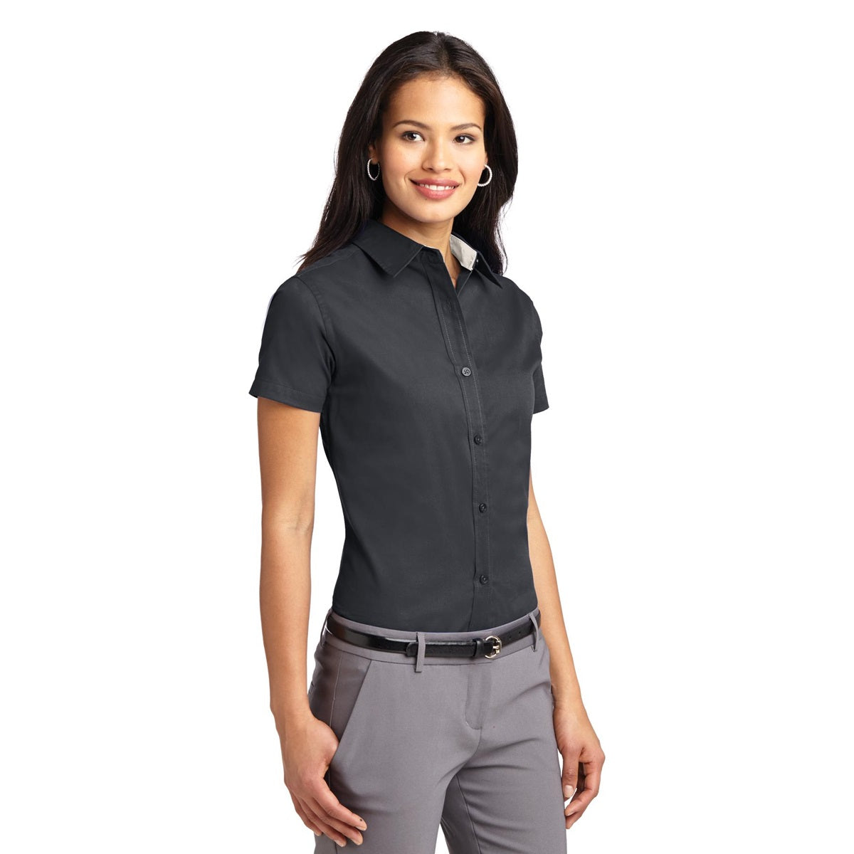 Black/Light Stone Button Up Shirt - Port Authority - Durable