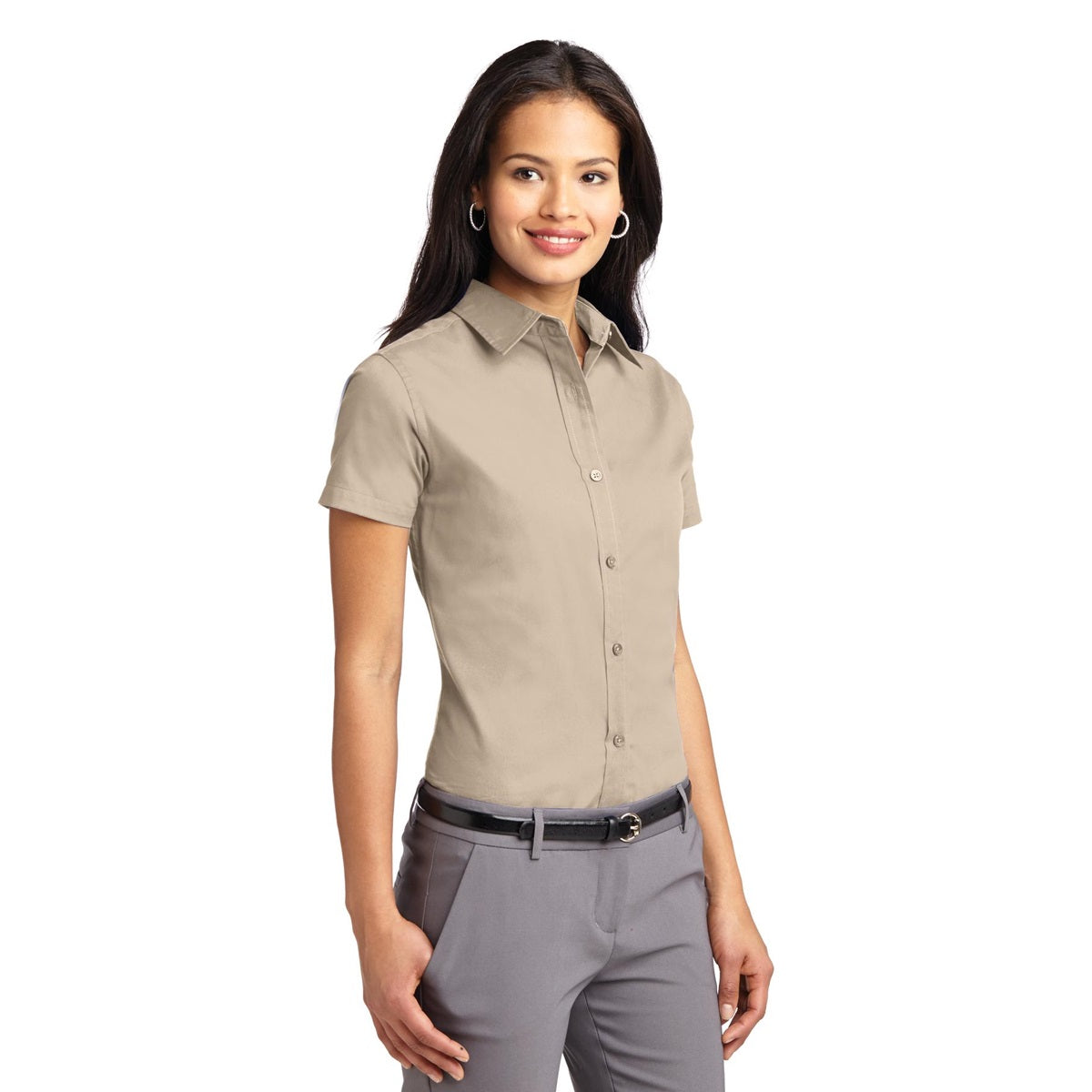 Black/Light Stone Button Up Shirt - Port Authority - Durable
