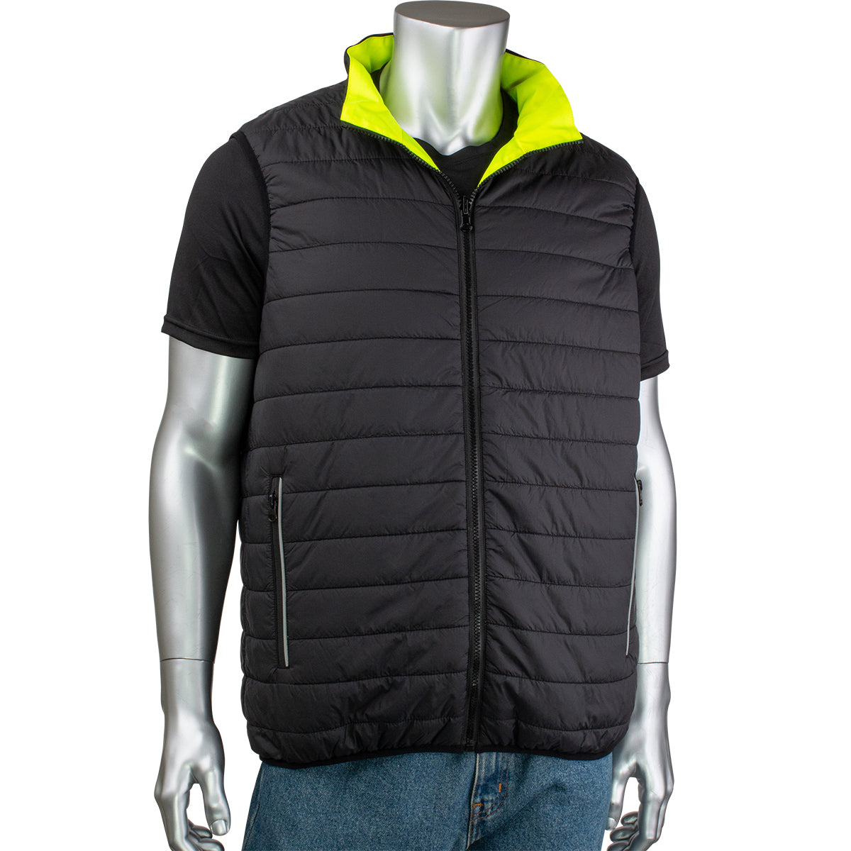 Yellow Lime Black Safety Vest - PIP - Reversible Puffer