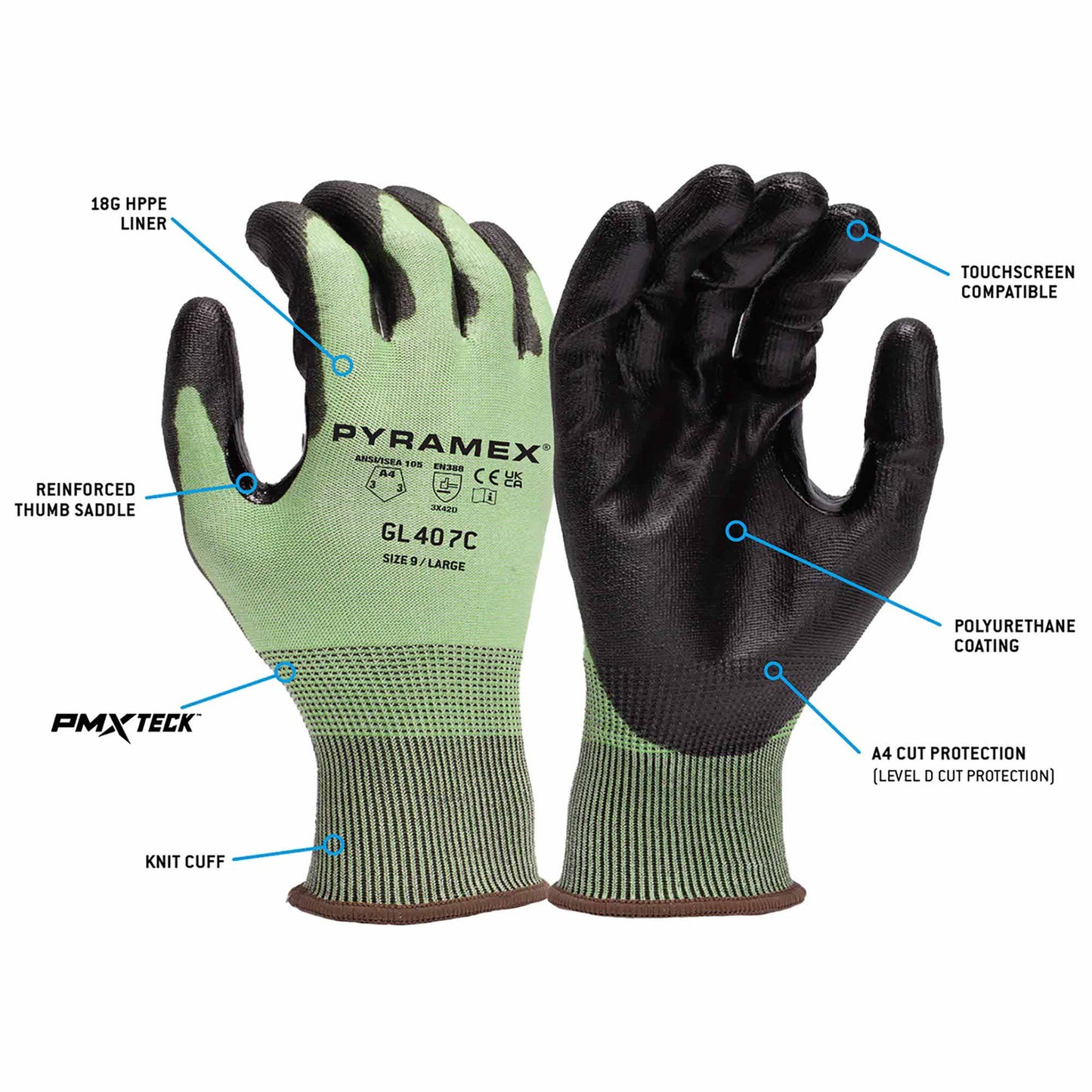 Green String Knit Gloves - Pyramex - PU Dipped