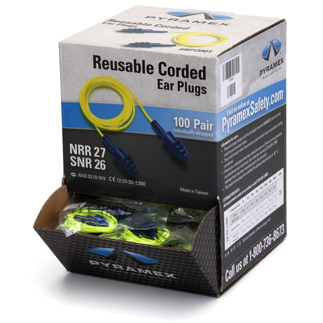 100 Pairs Ear Plugs - Pyramex - Corded TPR Rubber