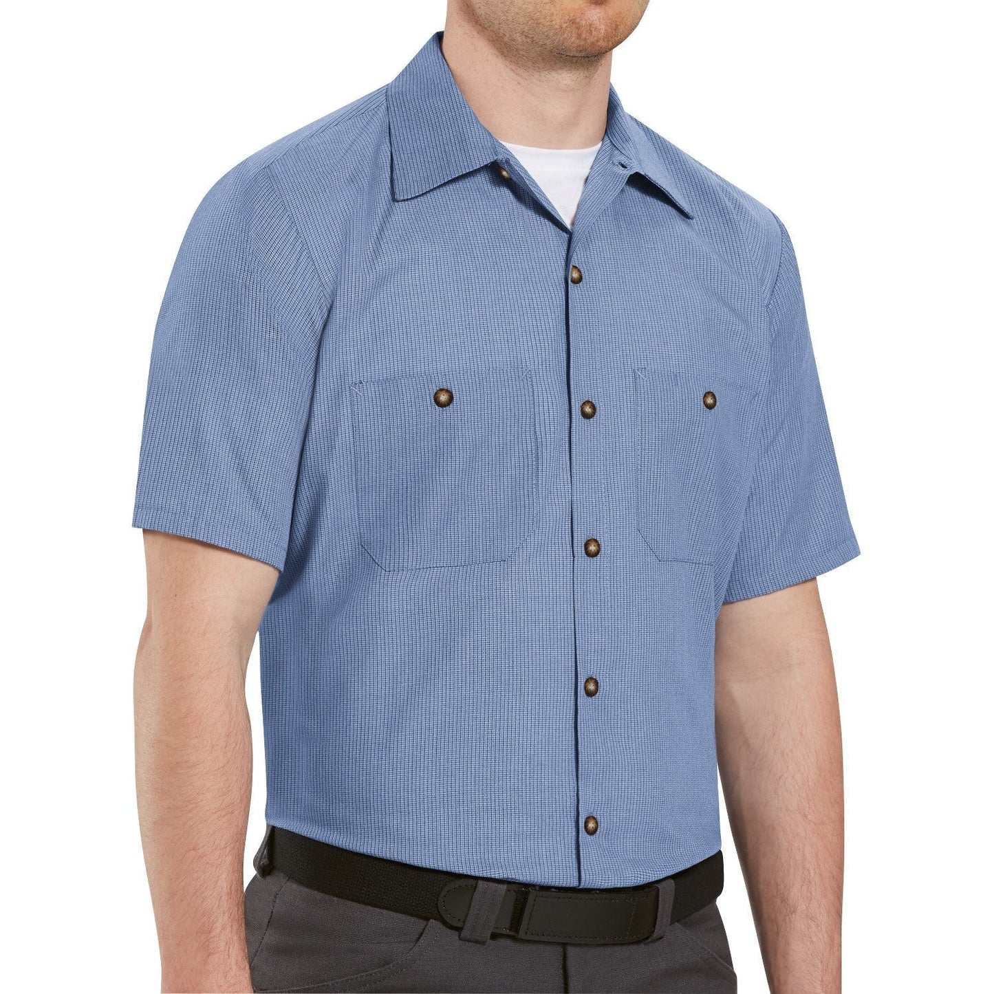 Denim Blue Button Up Shirt - Red Kap - Stylish Micro Check