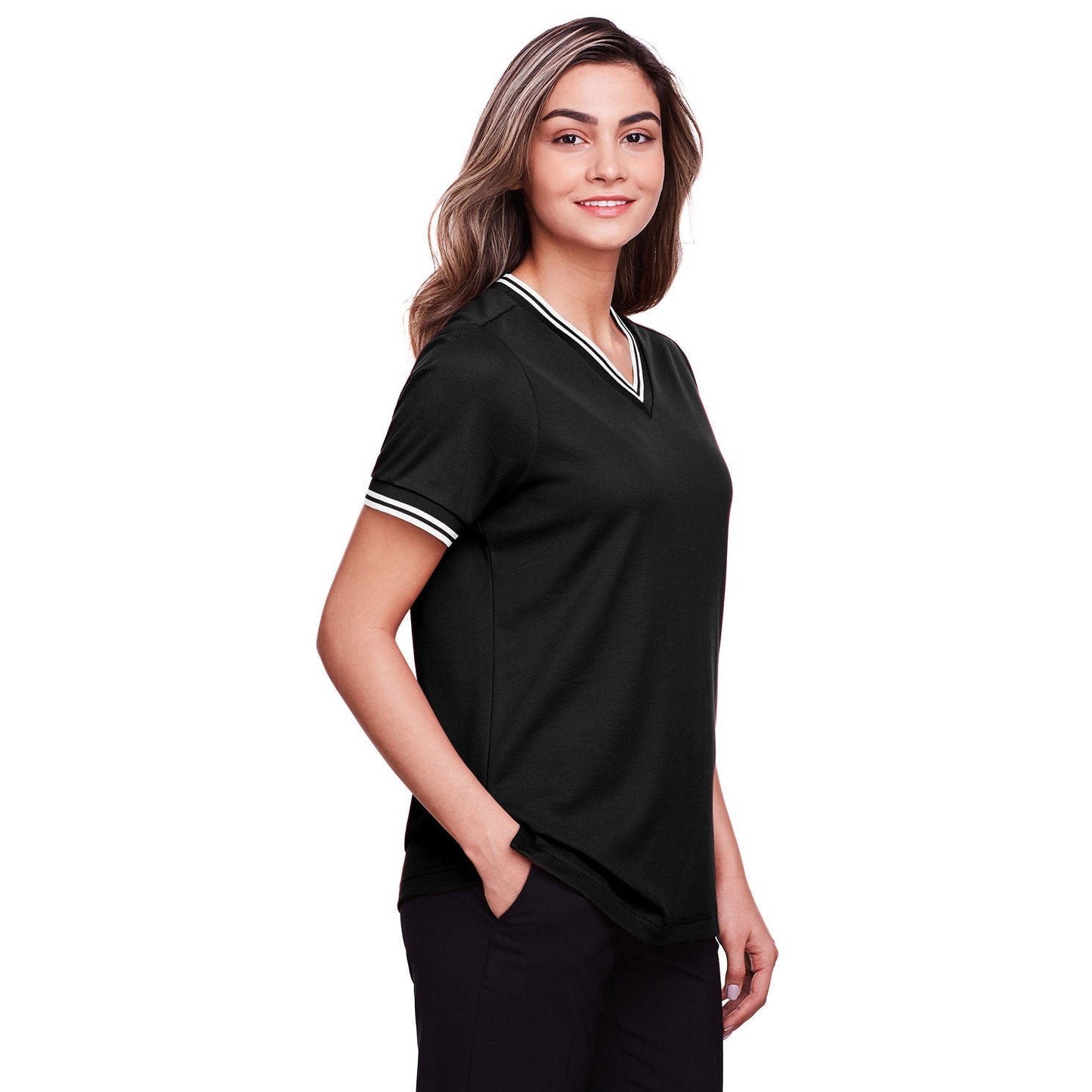 Black/White T-Shirts - Devon & Jones - Stylish V-Neck Top