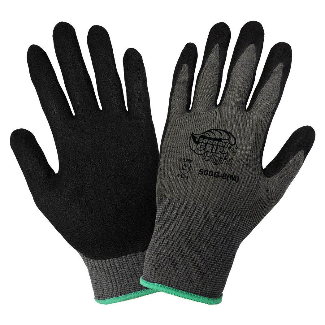 Gray String Knit Gloves | Global Glove | 500G Tsunami Grip Light Mach Finish Nitrile Coated Palm