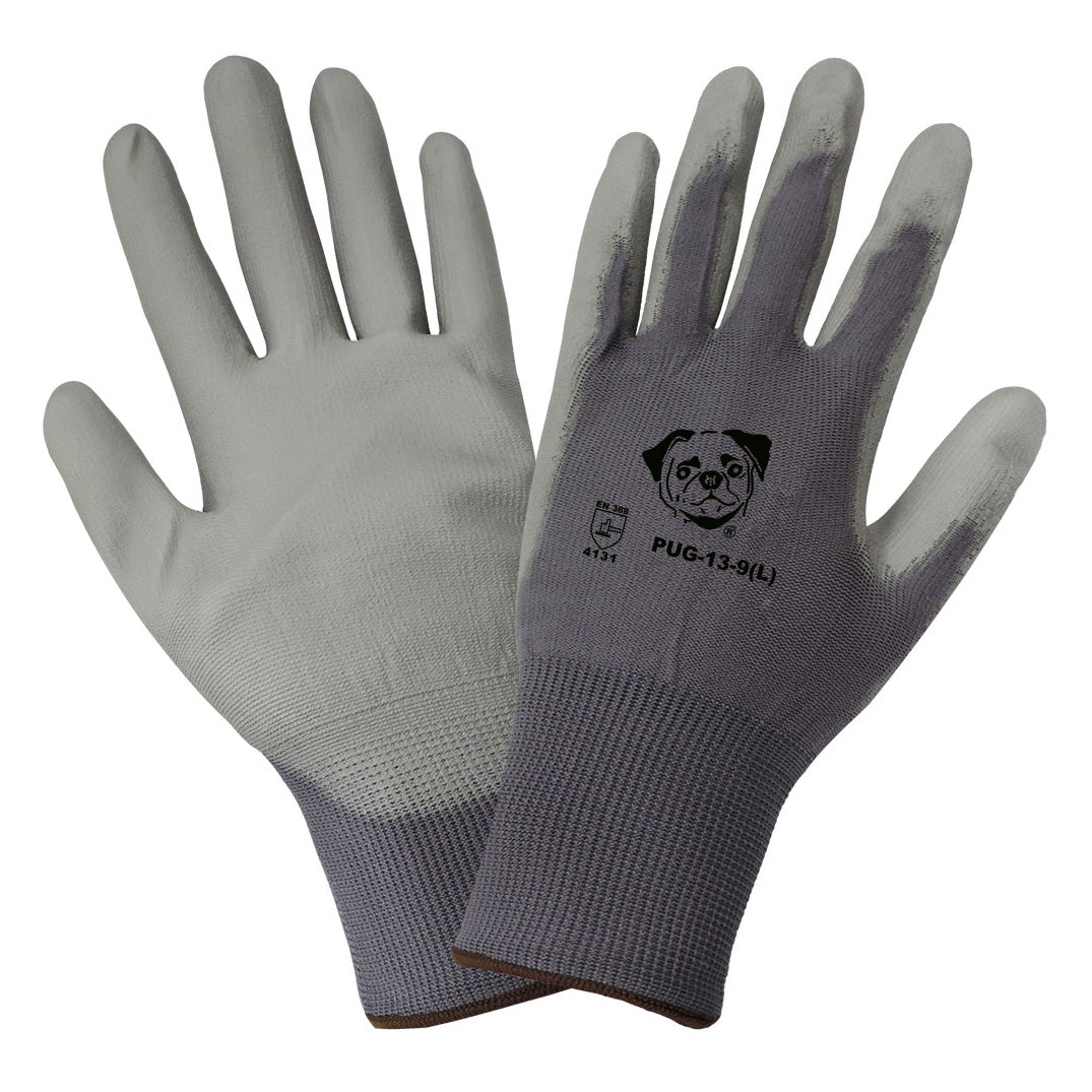 Gray String Knit Gloves | Global Glove | Pug13 Polyurethane Palm Dipped
