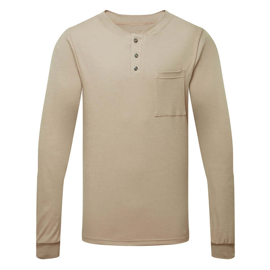 Khaki Henley Shirt - Portwest - Soft Cotton Fabric Feel
