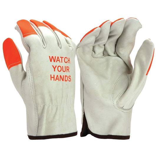 Tan Leather Gloves | Pyramex | Gl2002K Value Grain Cowhide Hi-Vis Orange Finger Tips Driver