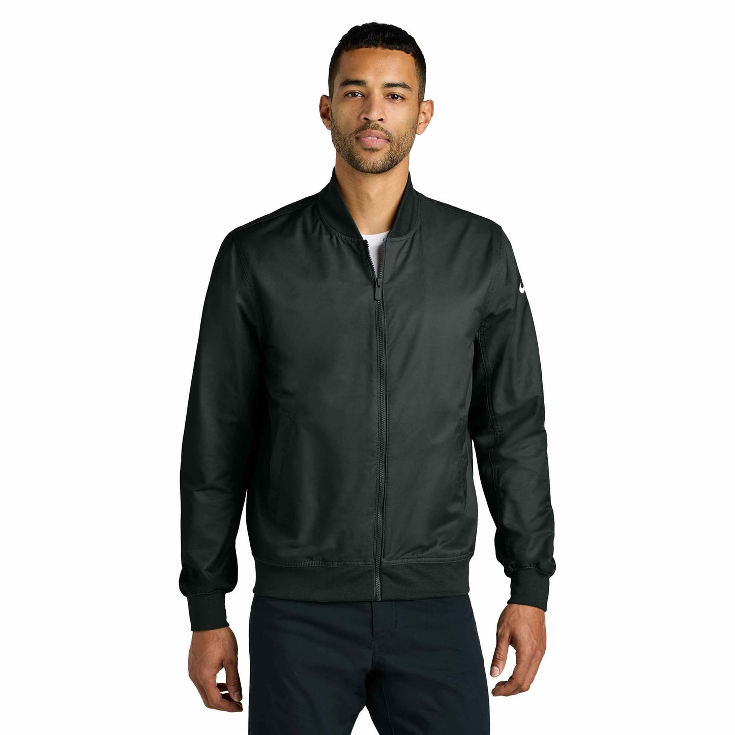 Black Bomber Jacket - Nike - Ribbed Collar - Stylish Wear