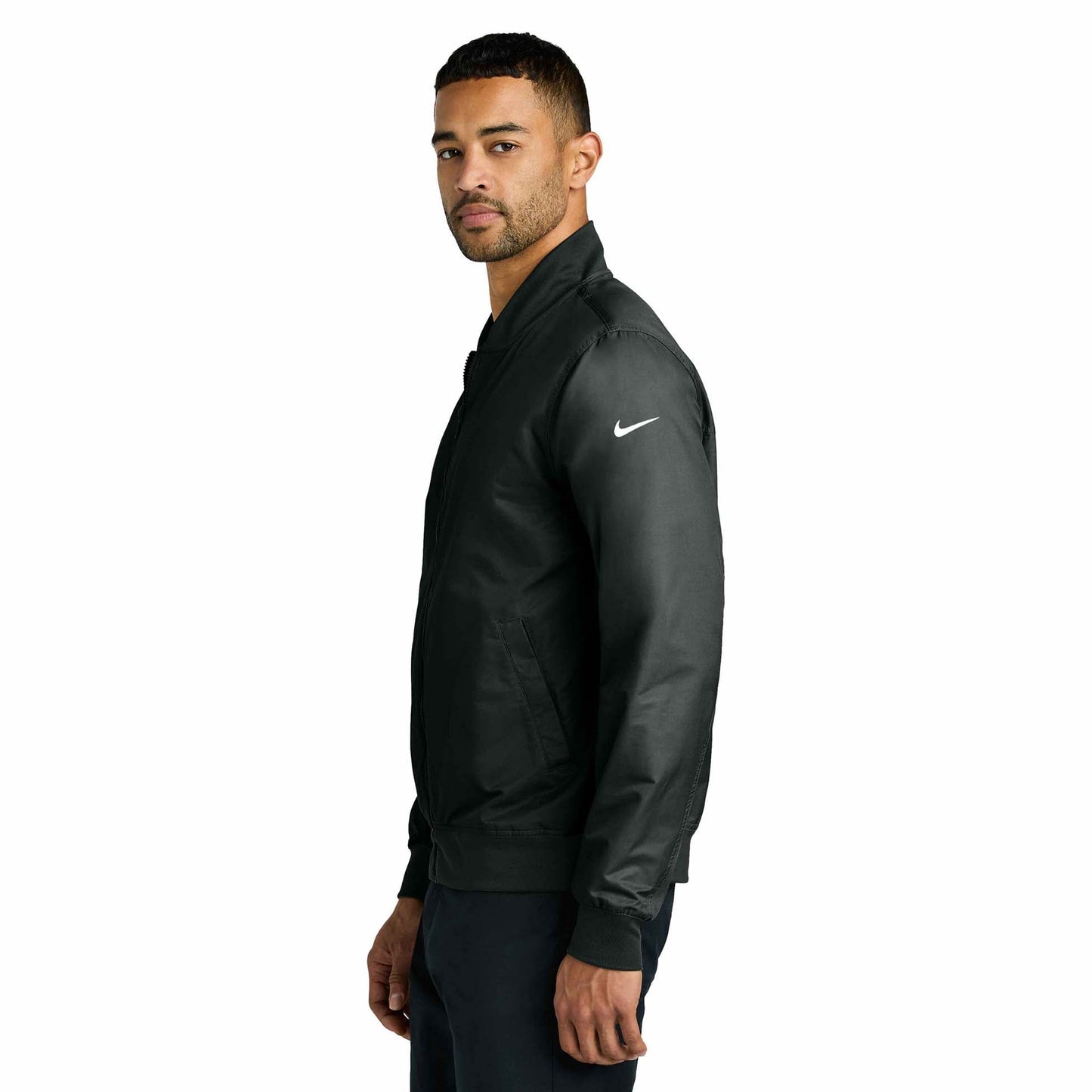 Black Bomber Jacket - Nike - Ribbed Collar - Stylish Wear